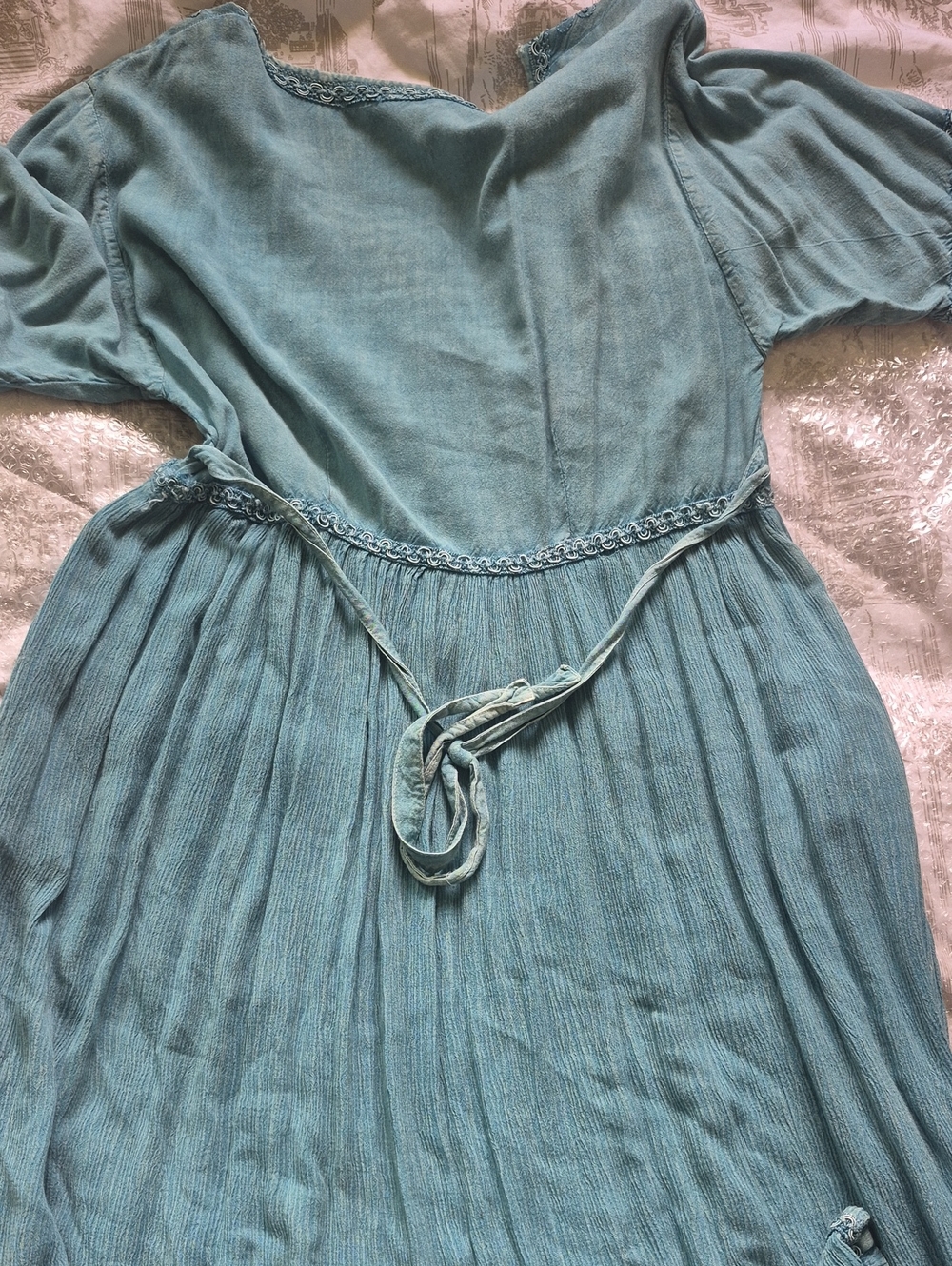 90s Vintage Papillon Cottagecore Dress Teal Blue Embroidered Empire Waist - Picture 5 of 5
